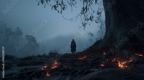 A solitary figure stands at the edge of a desolate forest, silhouetted against a twilight sky, with soft, ghostly flames flickering around their feet and illuminating the rough, twisted roots beneath