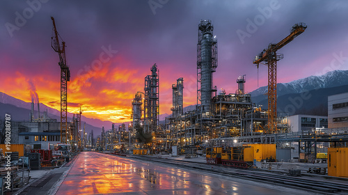 Industrial refinery plant with cranes and scaffolds at sunset, vibrant sky reflecting on wet road, surrounded by mountains and industrial buildings, glowing lights create dramatic atmosphere