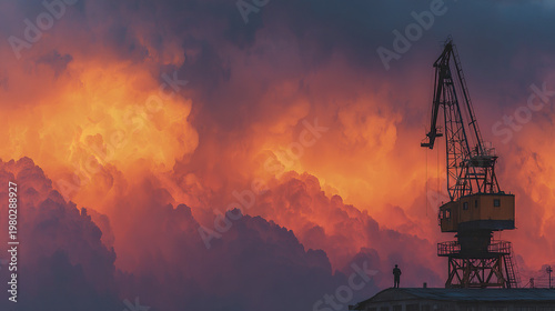 Crane silhouette stands tall against dramatic orange and purple sunset clouds, creating striking industrial scene with lone figure on rooftop adding scale and emotion
