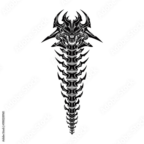 A striking black and white tribal tattoo design resembling a demonic spine with sharp, intricate details.
