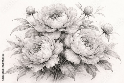 Graceful monochrome peonies in a detailed botanical sketch capturing natural beauty