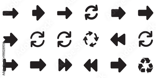 Various black arrow and refresh icons isolated on white background for design and UI elements.