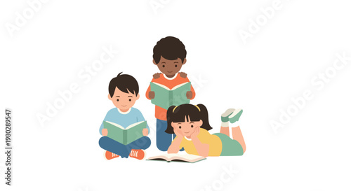 Three diverse children are happily reading books together in this clean, minimalist vector illustration, promoting literacy and education.