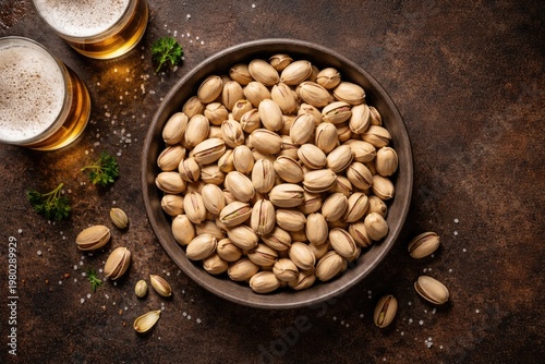 Top view of a bowl filled with pistachio nuts for beer snacks with copy space in flat lay composition
