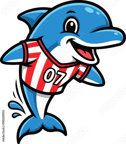 Happy Dolphin Athlete Mascot Illustration, Sporty Sea Animal Character in Striped Jersey Vector