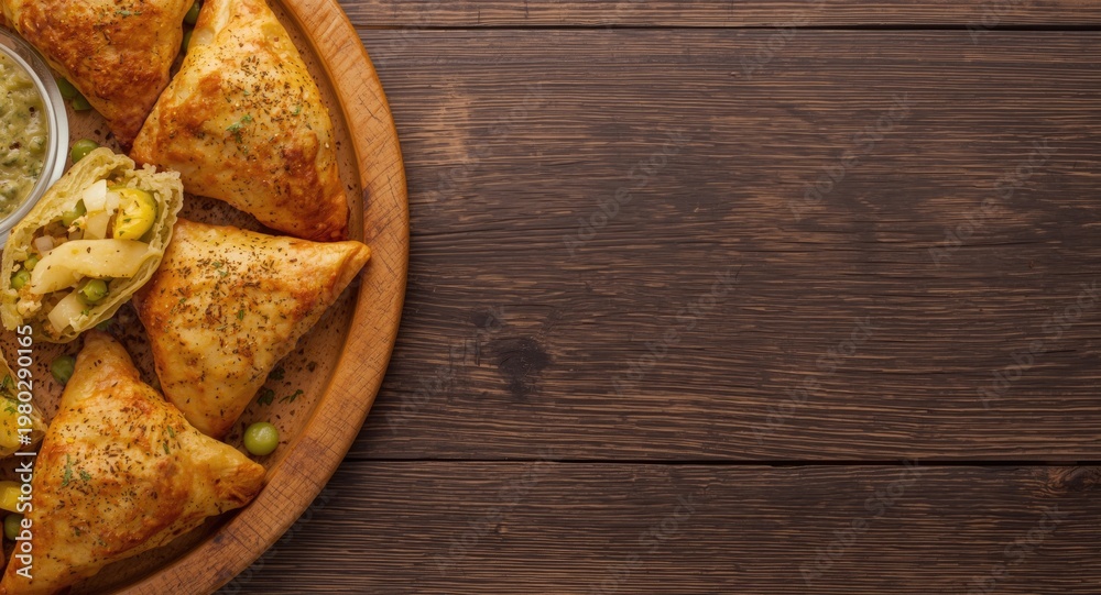 Fototapeta premium Spiced Indian stuffed pastry filled with potatoes peas and onions on a wooden surface with copy space