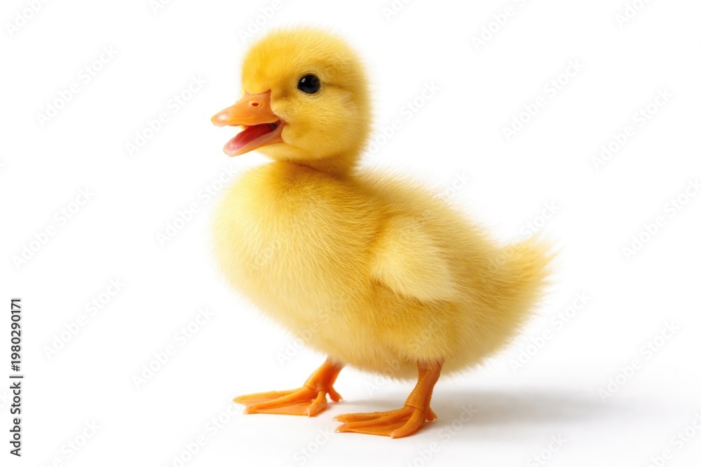 Fototapeta premium A cheerful yellow duckling standing on a bright white surface with visible beak and tail