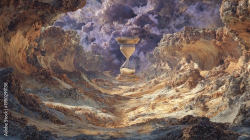 Dreamlike landscape featuring a central giant hourglass whose sands carve valleys and cliffs in a surreal, earth-toned terrain. Surreal painterly textures of soil, rock, and dust under ethereal light