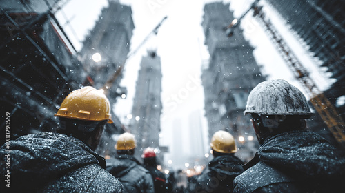 Construction worker team wearing safety helmet working on building site in winter snow weather with cranes and skyscraper background