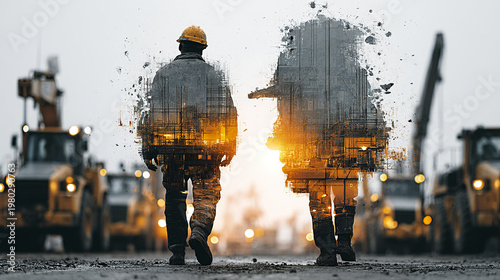 Double exposure of construction worker silhouette with industrial site and heavy machinery at sunset, symbolizing teamwork and building progress in urban environment