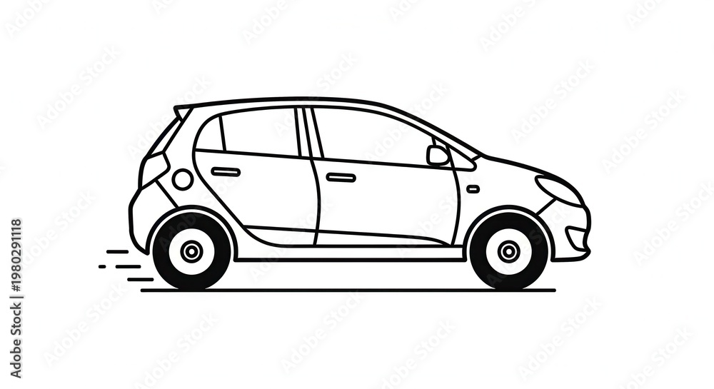 Obraz premium Line Art Illustration of a Hatchback Car in Motion, Side View, Black and White
