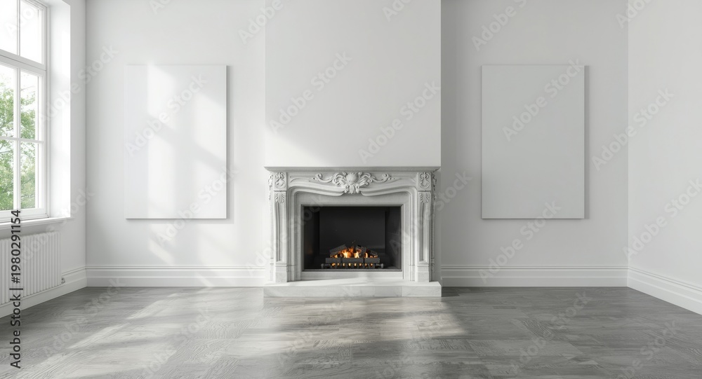 Obraz premium Stylish living room with fireplace, grey concrete floor, and two empty canvases on white wall