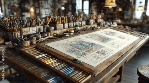 Architectural drawing on wooden drafting table surrounded by pencils and drawing tools in vintage studio with warm lighting creating creative atmosphere