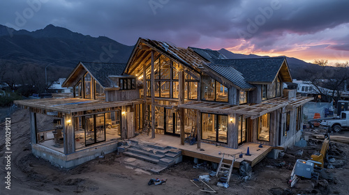 Wooden house under construction with large glass windows and warm interior lighting at dusk, surrounded by mountains and construction equipment in rural setting