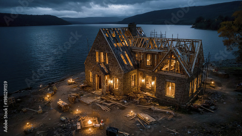 Stone house under construction near lake at dusk with warm lights glowing inside creating cozy and peaceful atmosphere in quiet natural setting