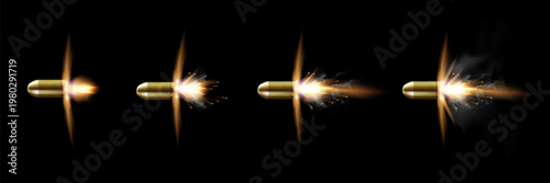 Gunshots, bullet in motion, military smoke trails. Realistic flying bullet in motion. Smoke traces isolated on transparent background. Handgun shoot trails.