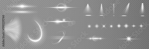 Various light effects on a transparent background. They have the form of symmetrical rays, reminiscent of twinkling stars. For decorating dynamic scenes or adding movement.