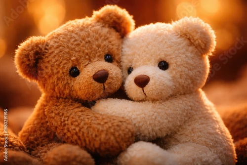 Two charming teddy bears cuddling with warm orange light in a softly blurred backdrop