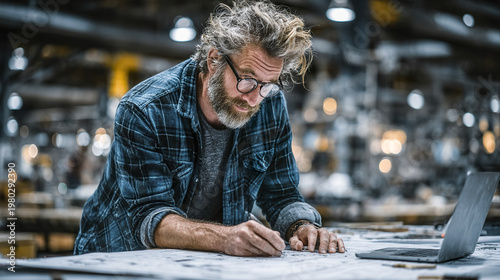 Man working on blueprint in industrial workshop with laptop, focused engineer wearing glasses and plaid shirt sketching design ideas on large paper, creative professional at work