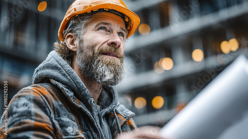 Construction worker engineer holding rolled blueprint wearing safety helmet and warm jacket with beard looking up thoughtfully on building site with blurred background lights