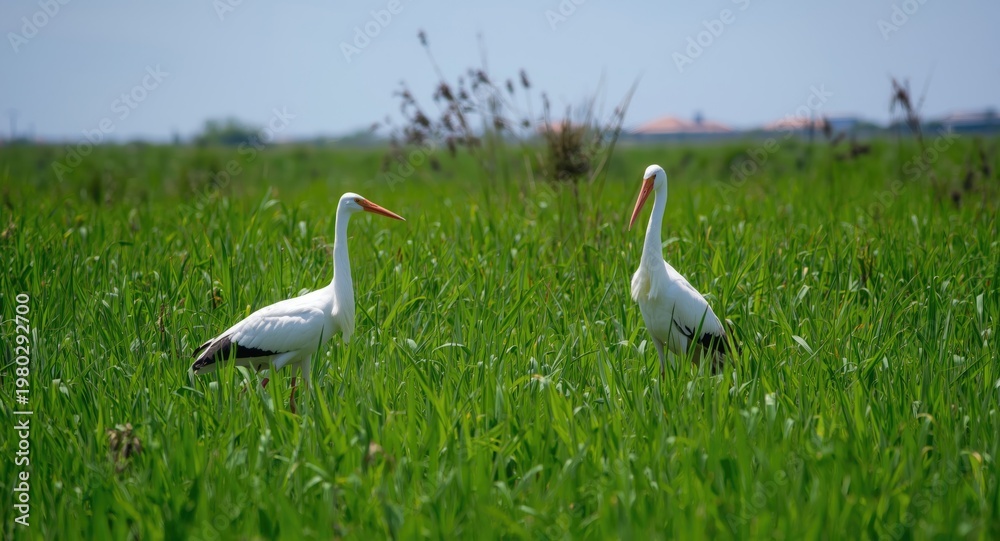 Fototapeta premium Two cranes working happily in a lush green field under a bright summer sky