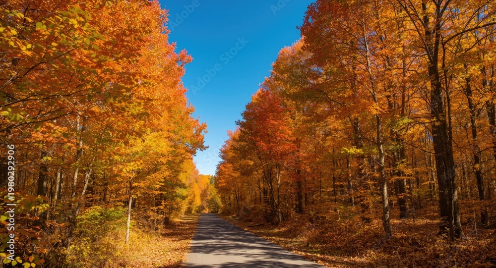 Fototapeta premium Sunny fall forest path with no traffic amid vivid autumn leaves beneath clear blue sky