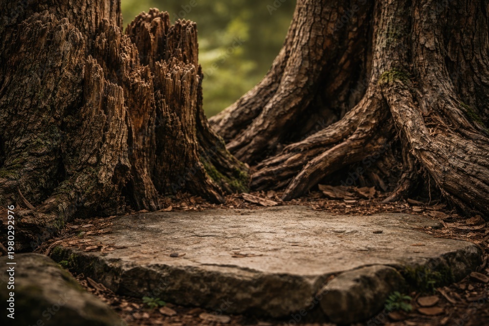 Fototapeta premium Close up view of natural dead wood stumps near a small flat rock surface for product display
