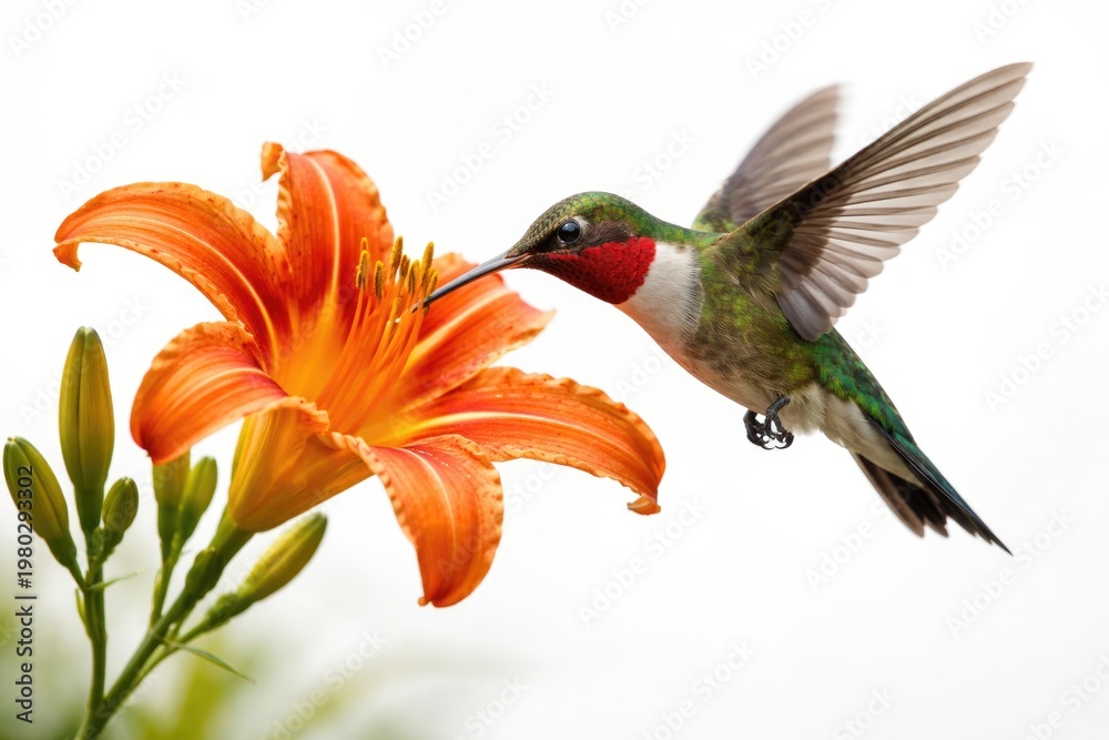 Fototapeta premium A vibrant ruby throated hummingbird feeding on an orange day lily with a clean white background