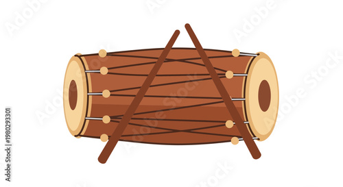 Dholak Drum with Sticks, Indian Percussion Instrument, Traditional Music