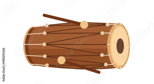 Dholak Drum with Sticks, Traditional Indian Percussion Instrument, Vector Illustration