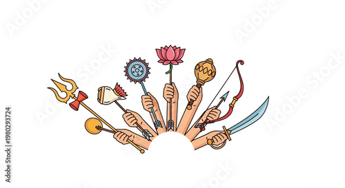 Divine Hands Holding Sacred Weapons and Symbols of Hindu Goddess Durga