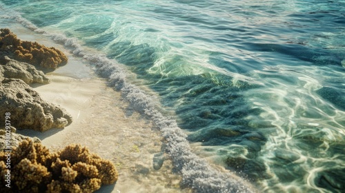 coral island shoreline, waves gently lapping over coral reefs, generative ai