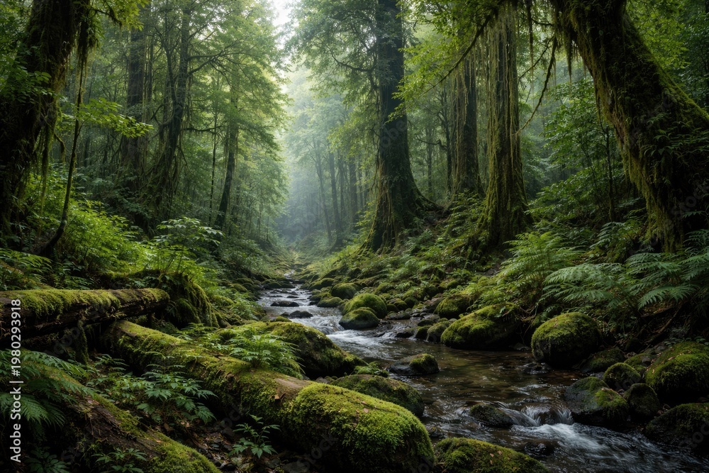 Fototapeta premium Panorama of fresh green trees and moss in a lush rain forest background
