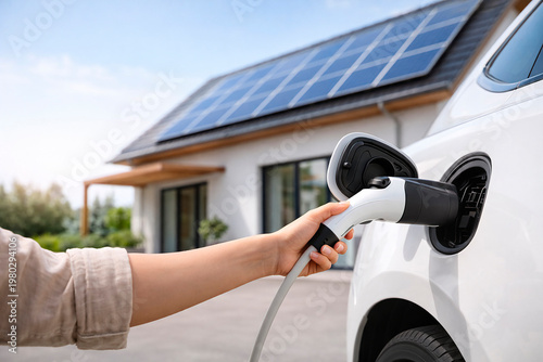  Connecting electric vehicle to home charging station, residential solar panel system, green energy integration, sustainable transport solution.