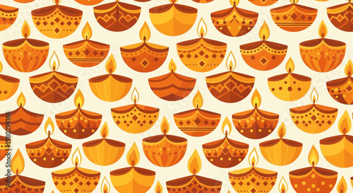Diwali Lamps Pattern - Decorative Oil Lamps Seamless Background