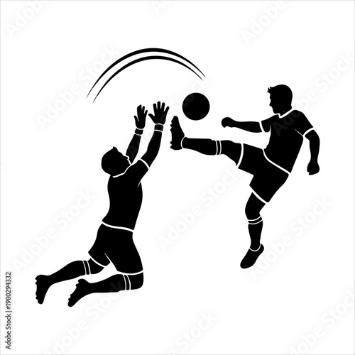 Dynamic soccer players in action a striker kicking the ball towards the goal while the goalkeeper attempts a save.