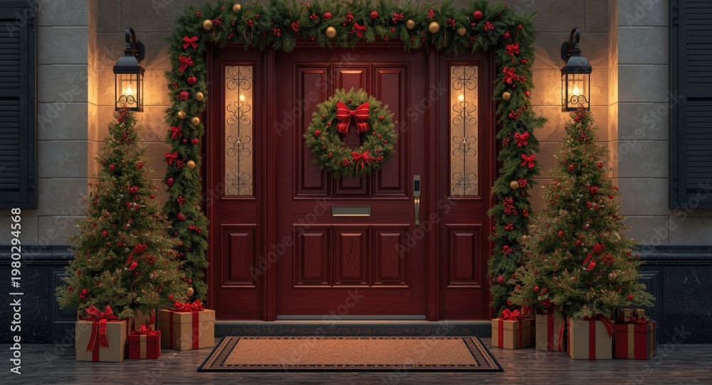 Fototapeta premium Stylish entryway with Christmas door decorations and gift boxes including space for text