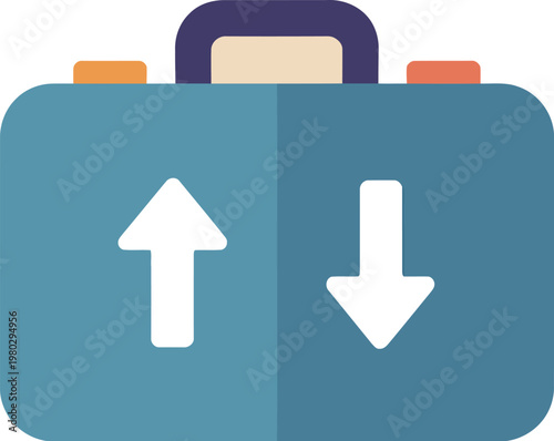 Briefcase illustration in teal and navy with white up and down arrows and orange accents in minimal flat design
