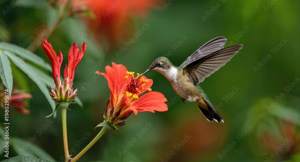 Fototapeta premium Tropical woodland wildlife featuring a dazzling hummingbird feeding on crocosmia during flight