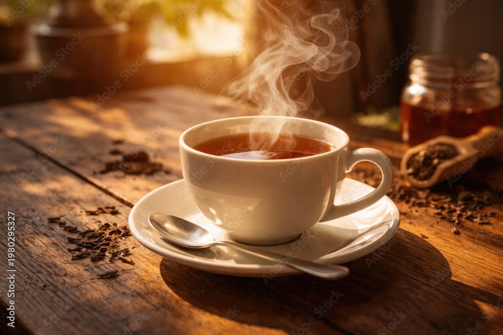 Fototapeta premium Steaming Cup of Tea on Rustic Wooden Table â€” Warm Sunlight Background