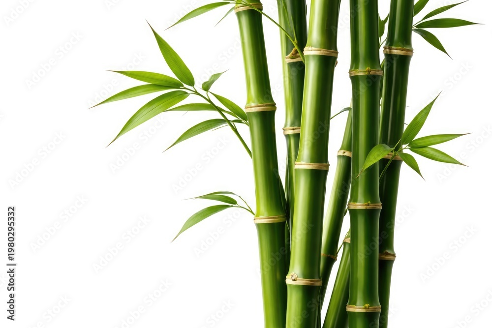 Fototapeta premium Green Bamboo Stalks with Leaves Isolated on White Background