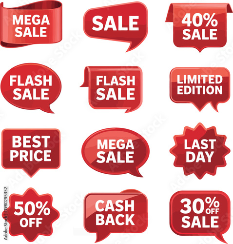 Red sale banner collection featuring discount labels mega sale and limited edition tags in bold style