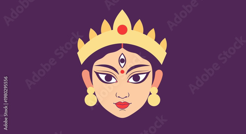 Hindu Goddess Durga Face Illustration, Third Eye, Royal Crown, Festive Art