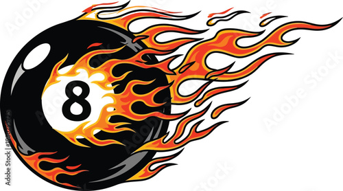 Eight ball in fire flames vector logo illustration