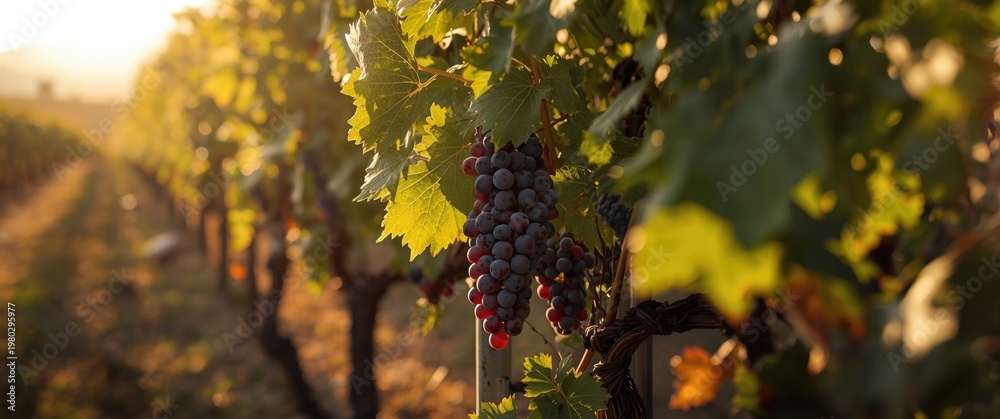 Fototapeta premium Vineyard bathed in sunlight with detailed grape bunch textures