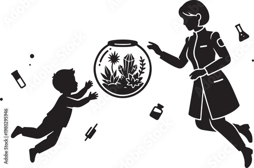 Scientist mother teaching child in zero gravity