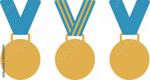 Gold medal seamless pattern with blue ribbons featuring star designs and scalloped edges on white background