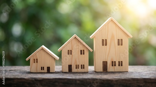 Three wooden house models of different sizes arranged in a row