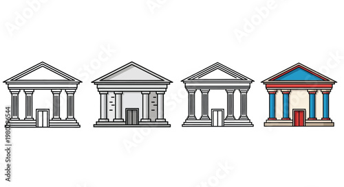 A series of classical building facades progressing from simple outlines to full color