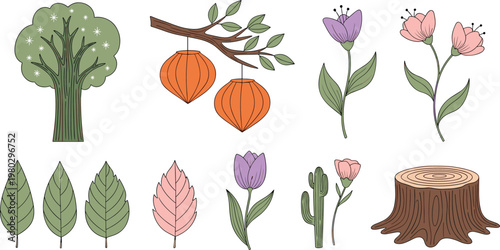 Hand drawn nature elements vector set with trees flowers leaves branches and stump botanical illustration collection